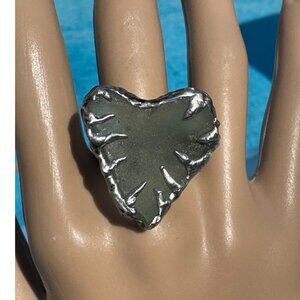 Sea Glass Cocktail Ring Artisan Crafted Silvery Metalwork “Heart of the Sea” Sz8